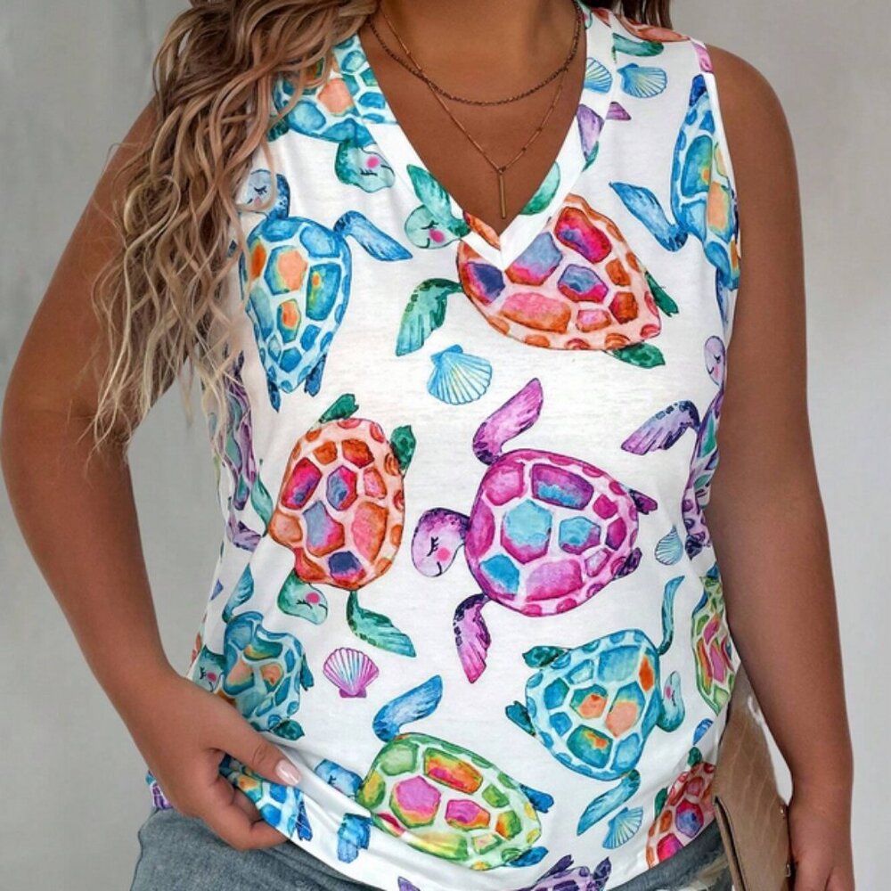 Plus Size Women's Turtle Print V-Neck Tank Top For Summer SHEIN EMERY ROSE Shirt